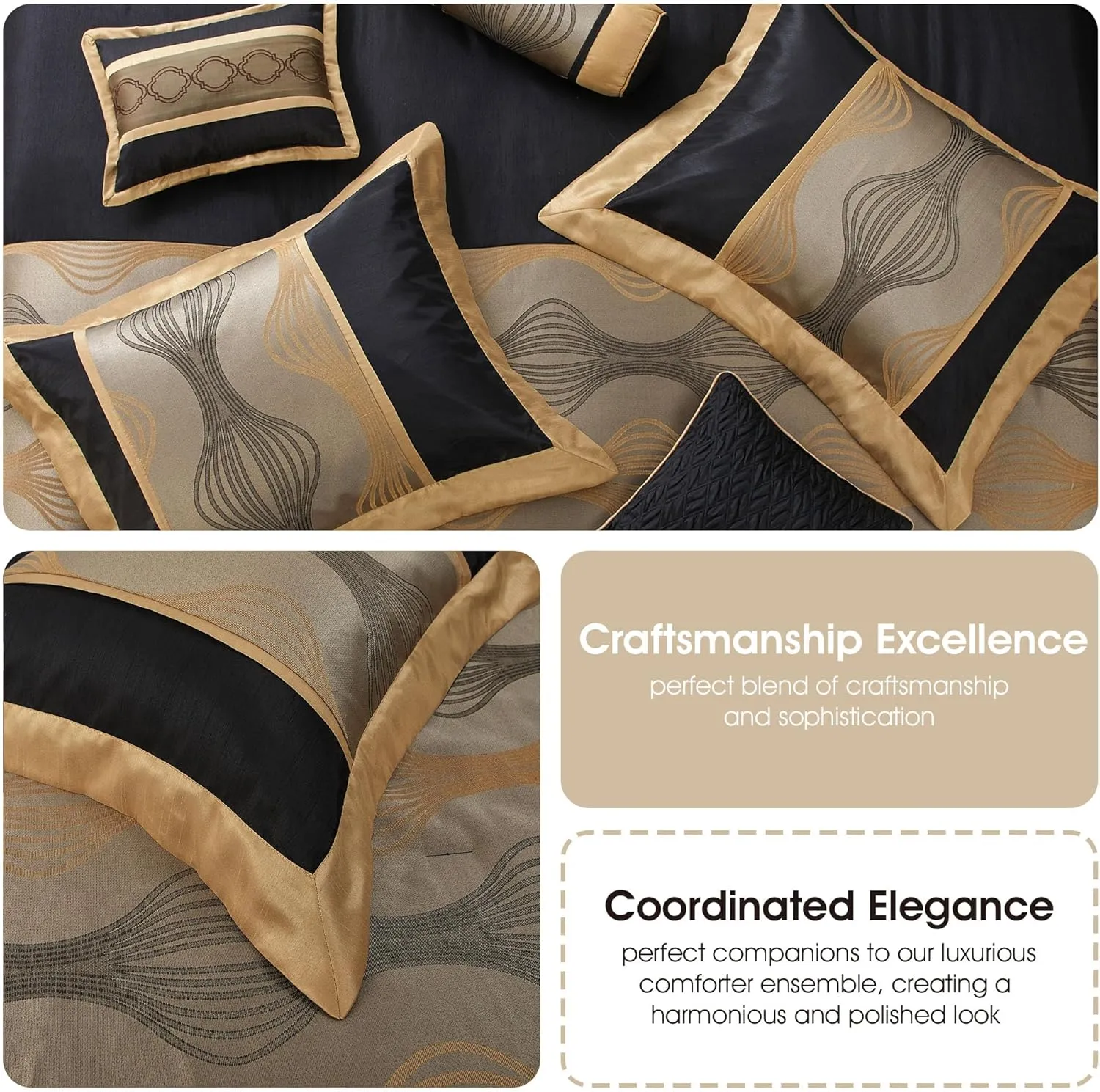 Grand Avenue Elegant Black and Gold Comforter Set King Size, Striped, 7 Pieces Jacquard Bedding Sets All Season with Comforter, Bed Skirt, Pillows & Shams, Lightweight Microfiber