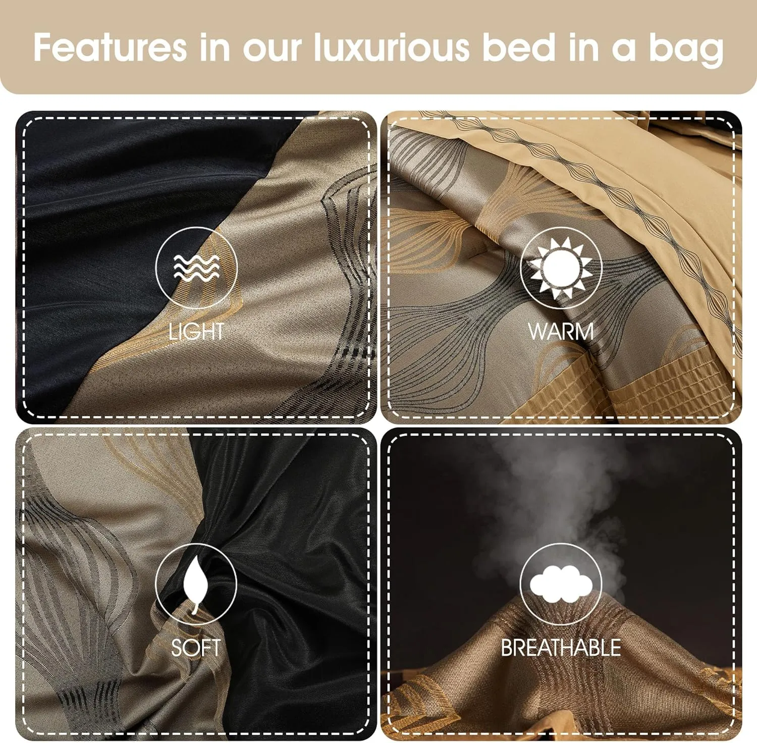 Grand Avenue Elegant Black and Gold Comforter Set King Size, Striped, 7 Pieces Jacquard Bedding Sets All Season with Comforter, Bed Skirt, Pillows & Shams, Lightweight Microfiber