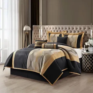 Grand Avenue Elegant Black and Gold Comforter Set King Size, Striped, 7 Pieces Jacquard Bedding Sets All Season with Comforter, Bed Skirt, Pillows & Shams, Lightweight Microfiber