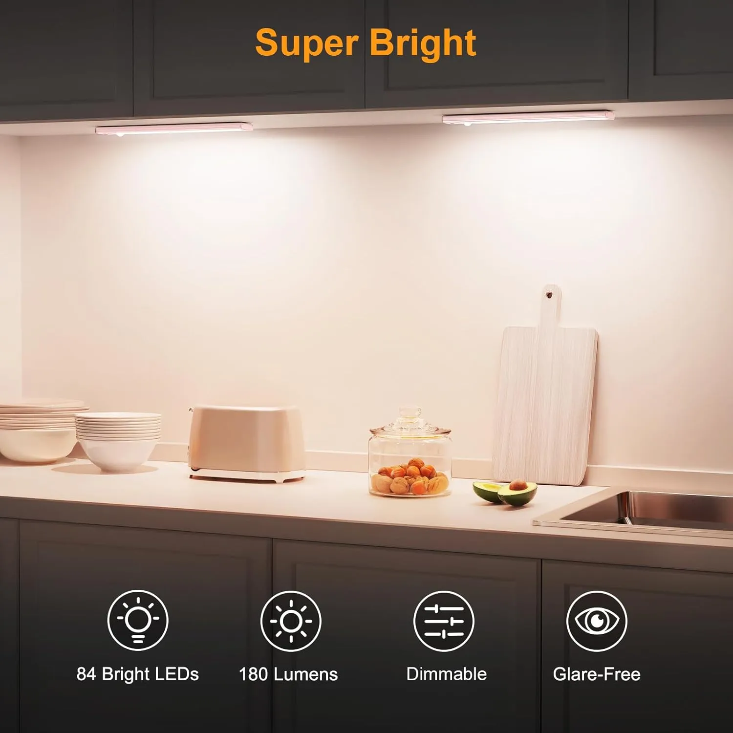 Gritin Under Cabinet Lighting- 84 LED Super Bright,3-Color & 5-Brightness,4 Modes,Motion Sensor, Rechargeable 1800mAh Long Lasting-Easy Installation Magnetic Under Cabinet Closet Lights -2 Pack-Pink