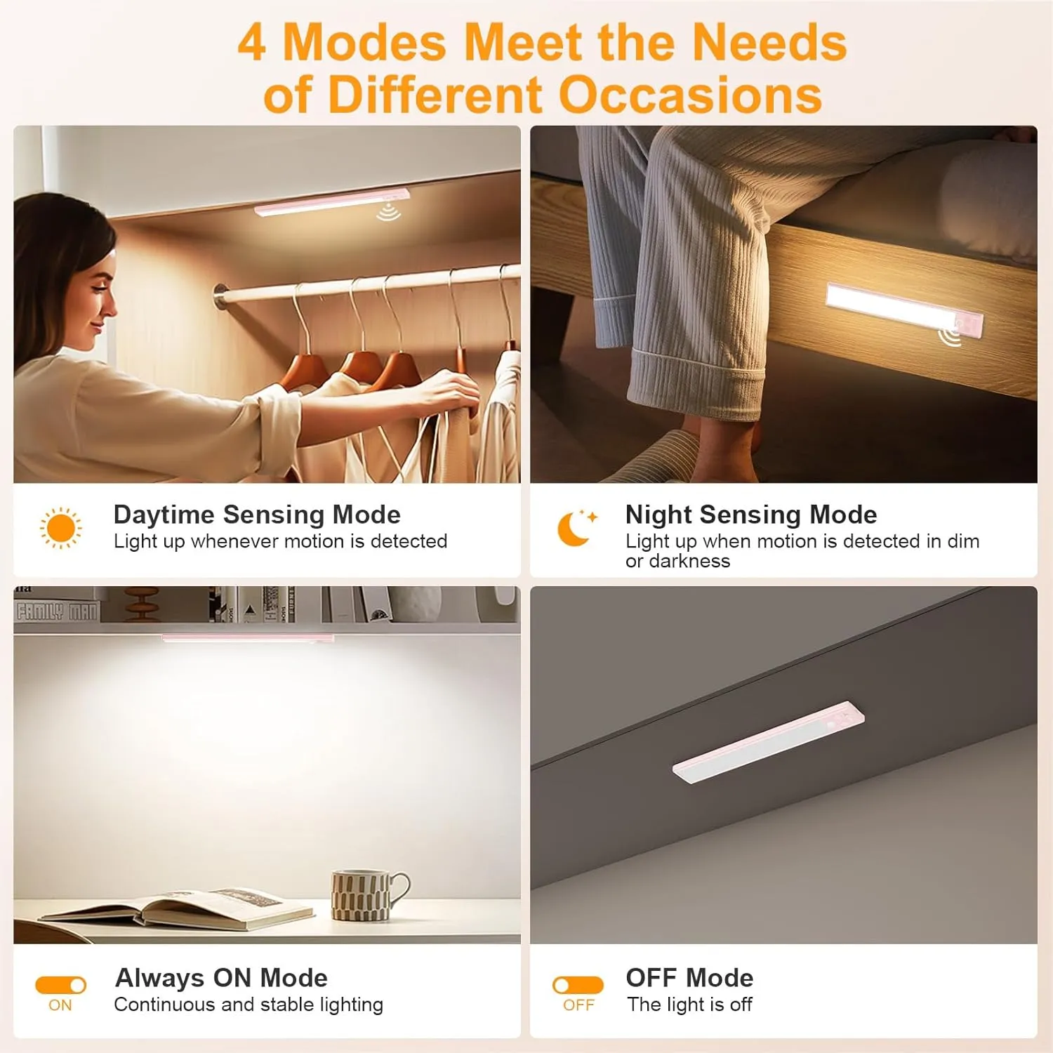 Gritin Under Cabinet Lighting- 84 LED Super Bright,3-Color & 5-Brightness,4 Modes,Motion Sensor, Rechargeable 1800mAh Long Lasting-Easy Installation Magnetic Under Cabinet Closet Lights -2 Pack-Pink
