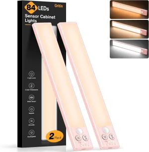 Gritin Under Cabinet Lighting- 84 LED Super Bright,3-Color & 5-Brightness,4 Modes,Motion Sensor, Rechargeable 1800mAh Long Lasting-Easy Installation Magnetic Under Cabinet Closet Lights -2 Pack-Pink