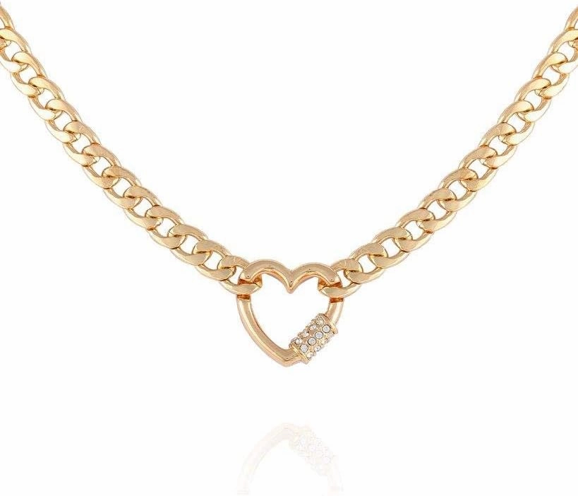 GUESS Goldtone Chain Link Necklace with Pave Heart Charm