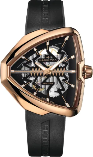 Hamilton Watch Ventura Elvis80 Skeleton Auto | Swiss Made | 42.5mm x 44.6mm Stainless Steel Case | Black Dial Analog Watch | Black Rubber Strap (Model: H24525331)