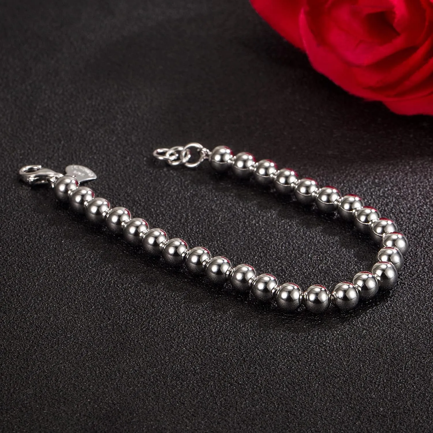 H&Beautimer 925 Sterling Silver 4-10MM Ball Chain Bracelet For Women's - Italian Handmade Bead Chain Bracelet 5''5.7''6.3''6.7''7.5''8''8.3''8.5''9 Inch Rose Gold Party Jewelry