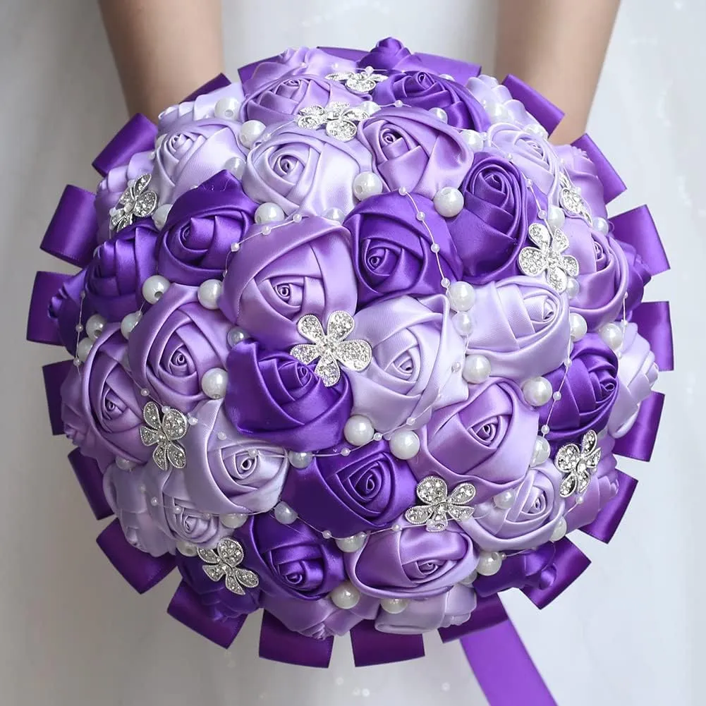 Handmade Satin Rose Bridal Wedding Bouquet Embellished with Rhinestones Pearls Lace Wrapped Handle for Brides Bridesmaids at Ceremony or Photoshoot Customized