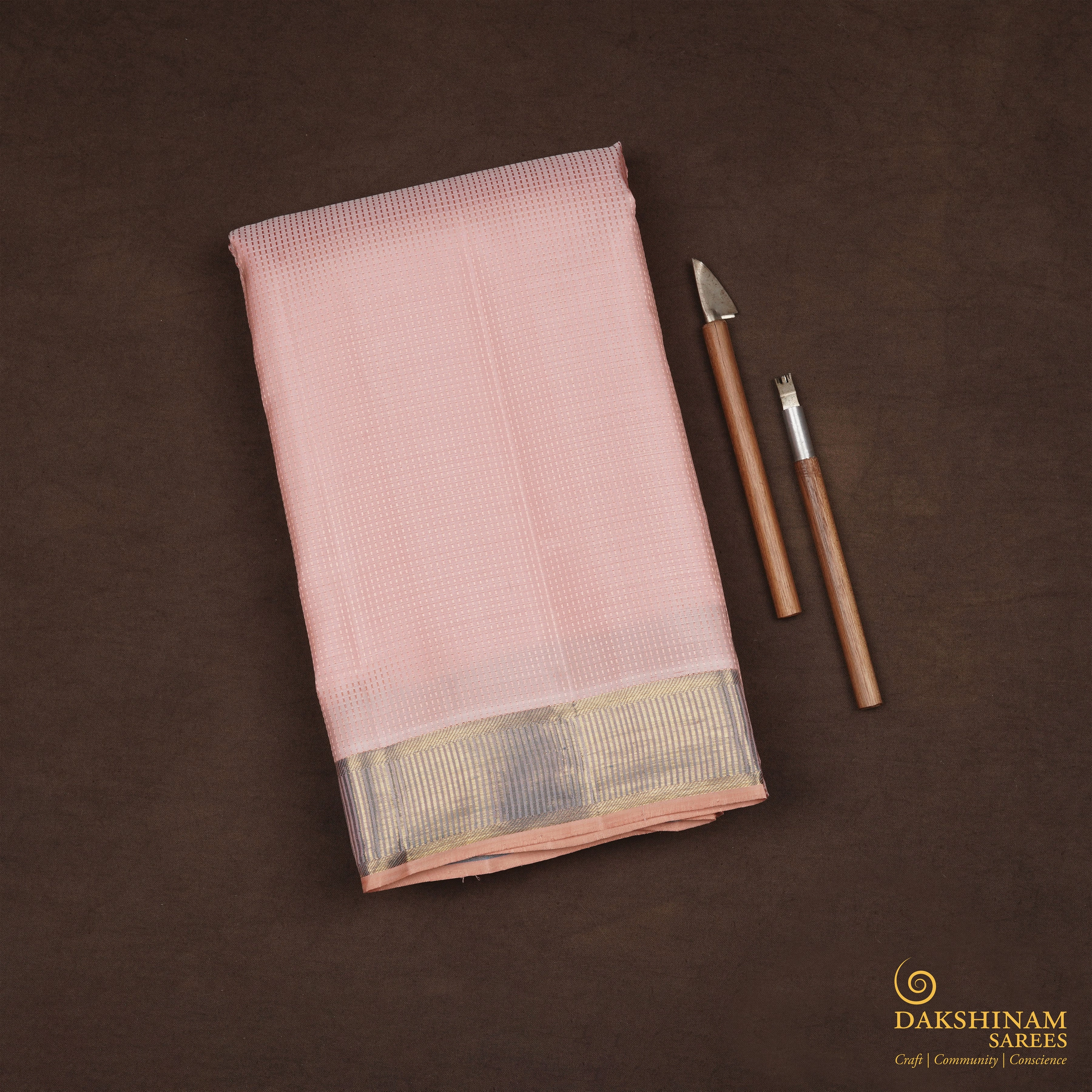 Handwoven Peach with Blue Kanjivaram Silk Saree - 2316T011094DSC