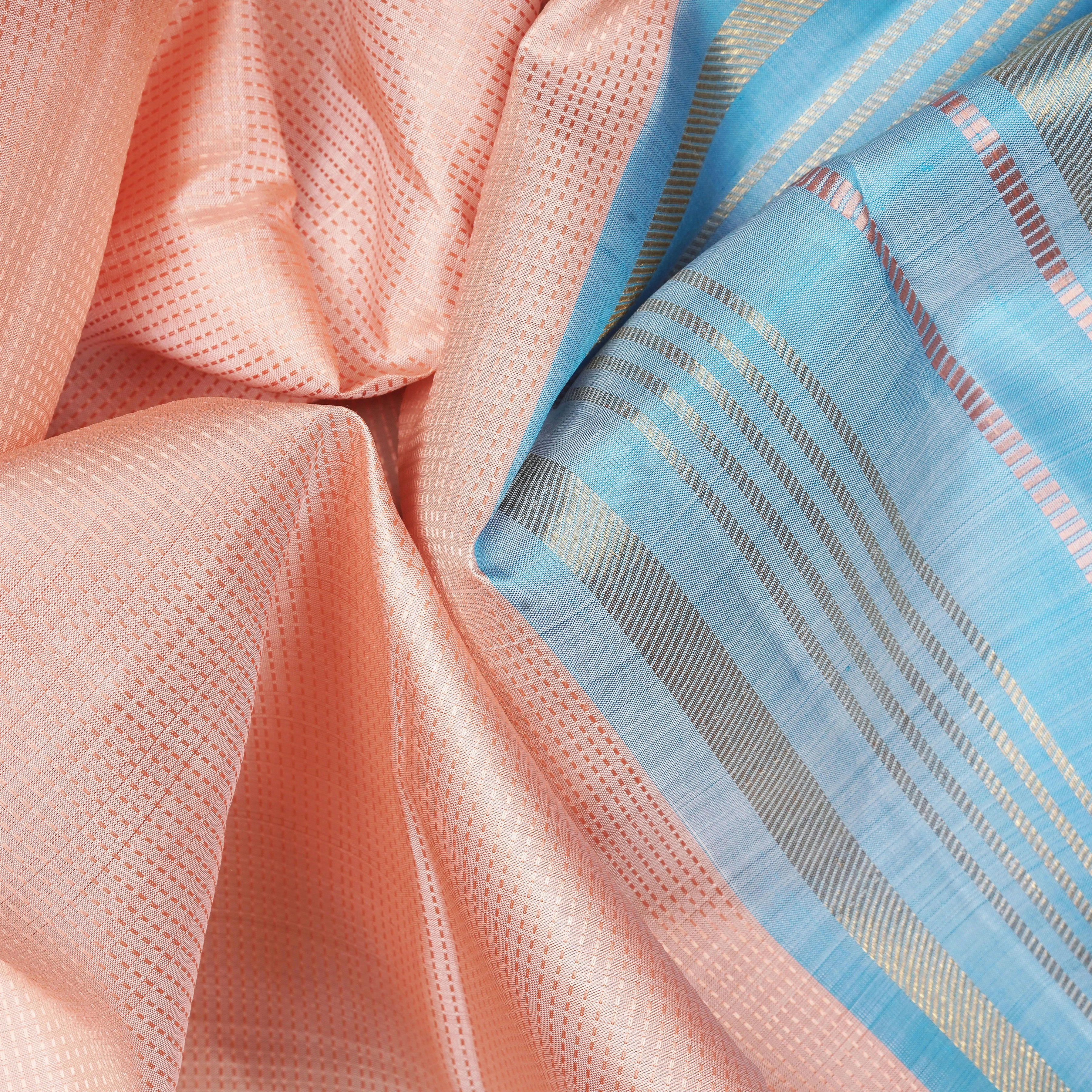 Handwoven Peach with Blue Kanjivaram Silk Saree - 2316T011094DSC