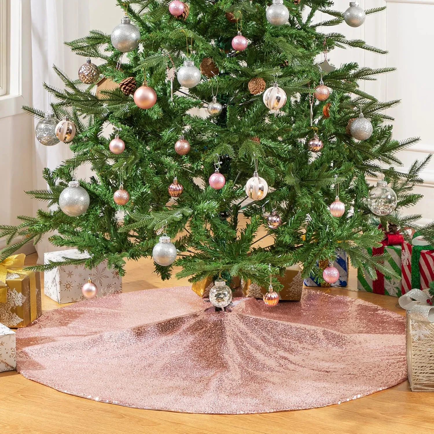 HBlife Christmas Tree Skirt 48 Inches Rose Gold Sequins Tree Skirt Sparkle Tree Mat for Holiday Party Christmas Tree Decorations