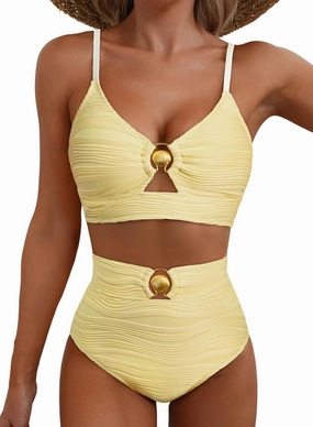 Herseas 2 Piece Bestselling Bikini Set Metal Ring Cutout Swimsuit High Waisted Textured 2025 Summer Beach Bathing Suits
