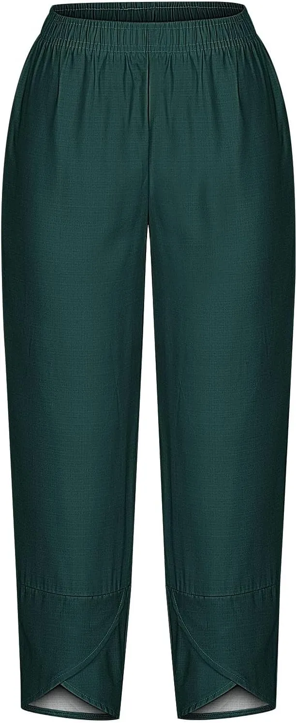 HGps8w Plus Size Cotton Linen Pants for Women - Loose Solid Elastic Waist Versatile Business Casual Lounge Pants with Pockets