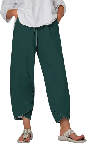 HGps8w Plus Size Cotton Linen Pants for Women - Loose Solid Elastic Waist Versatile Business Casual Lounge Pants with Pockets