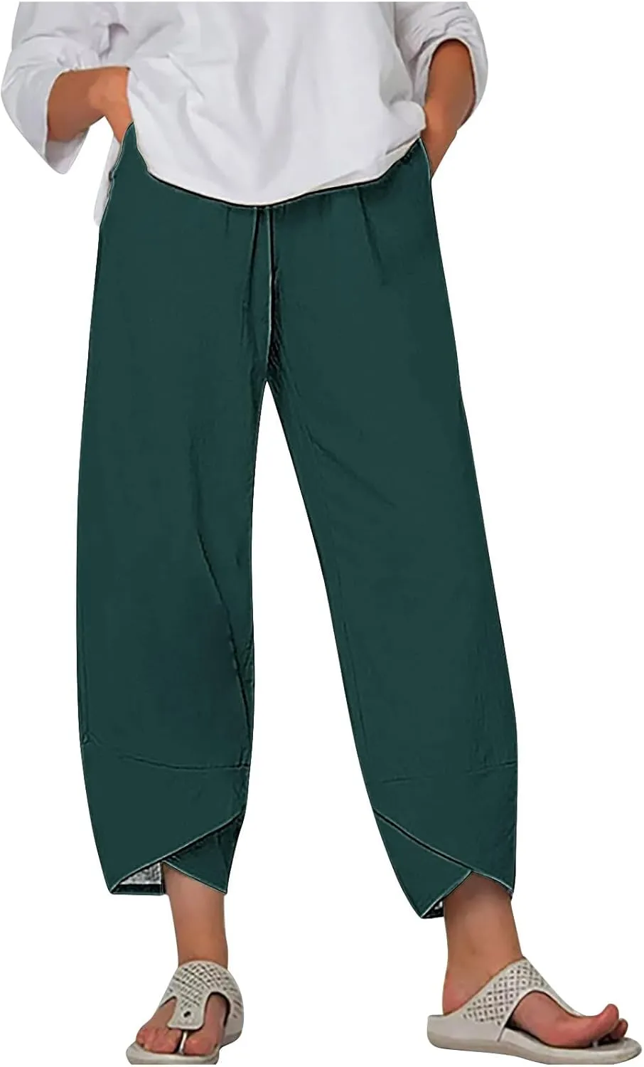 HGps8w Plus Size Cotton Linen Pants for Women - Loose Solid Elastic Waist Versatile Business Casual Lounge Pants with Pockets
