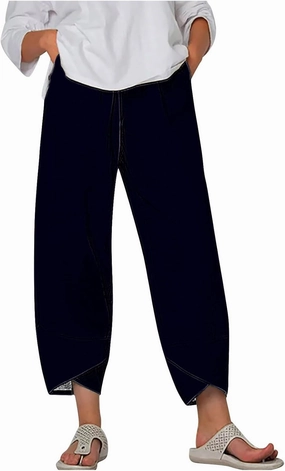 HGps8w Plus Size Cotton Linen Pants for Women - Loose Solid Elastic Waist Versatile Business Casual Lounge Pants with Pockets