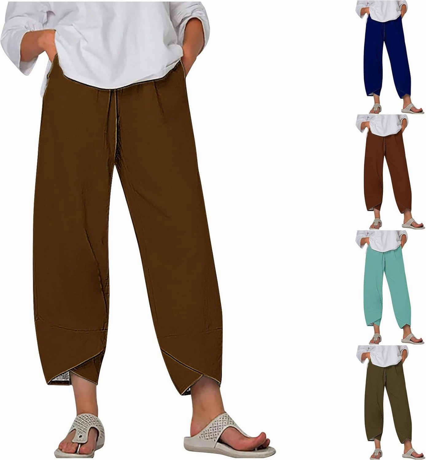 HGps8w Plus Size Cotton Linen Pants for Women - Loose Solid Elastic Waist Versatile Business Casual Lounge Pants with Pockets
