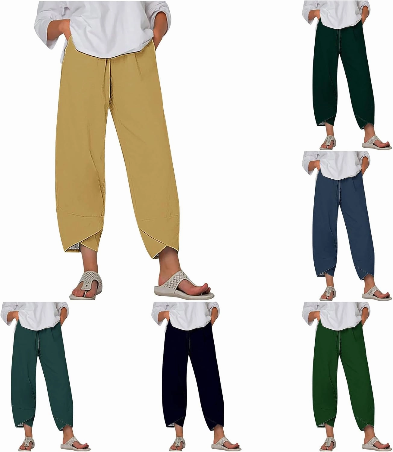 HGps8w Plus Size Cotton Linen Pants for Women - Loose Solid Elastic Waist Versatile Business Casual Lounge Pants with Pockets