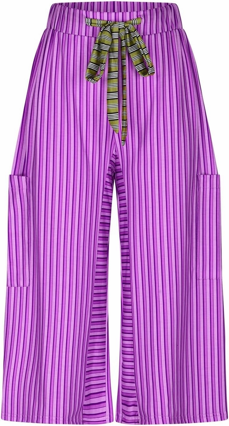 HGps8w Striped Wide Leg Pants for Women Capris - Casual Elastic Waist Versatile Business Work Lounge Pants with Pockets