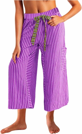HGps8w Striped Wide Leg Pants for Women Capris - Casual Elastic Waist Versatile Business Work Lounge Pants with Pockets