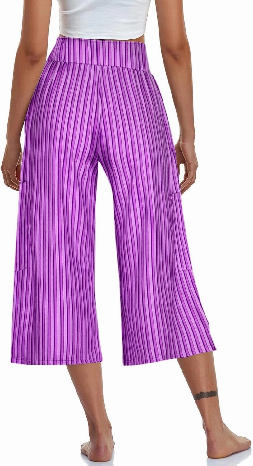 HGps8w Striped Wide Leg Pants for Women Capris - Casual Elastic Waist Versatile Business Work Lounge Pants with Pockets