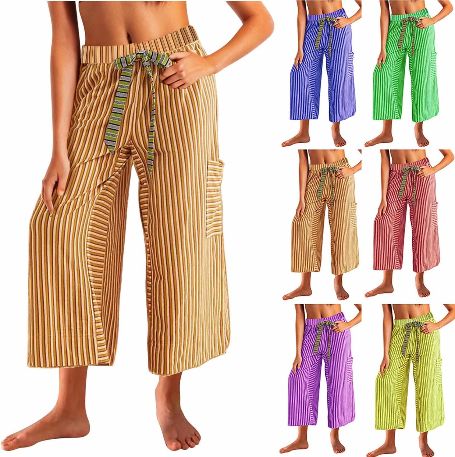 HGps8w Striped Wide Leg Pants for Women Capris - Casual Elastic Waist Versatile Business Work Lounge Pants with Pockets