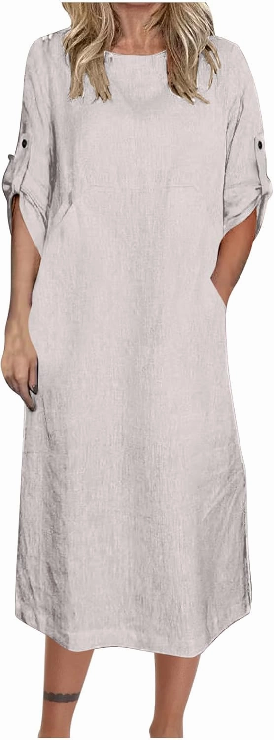 HGps8w Women's Loose Cotton Linen Dress Roll-Up 3/4 Sleeve Crewneck Casual Solid Vintage Maxi Long Tunic Dresses