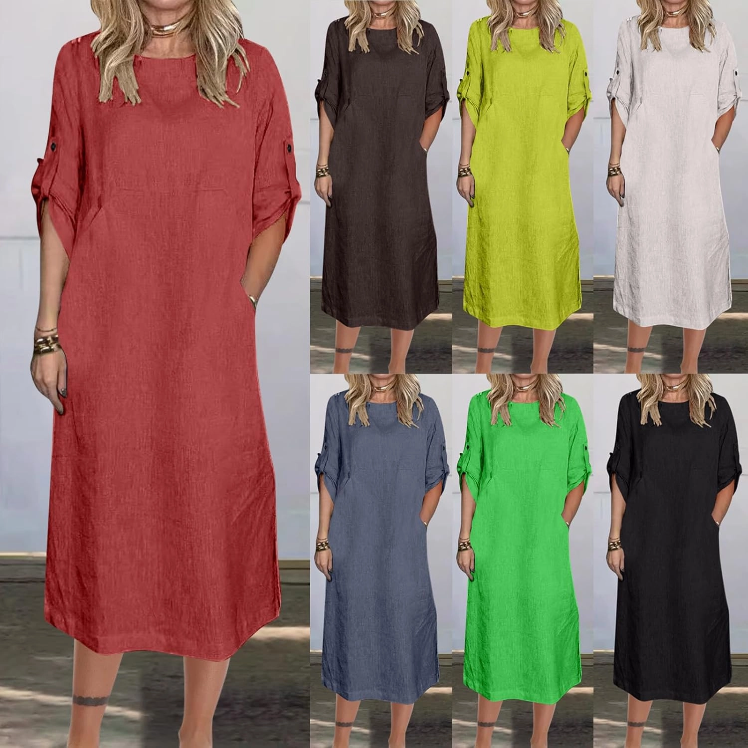 HGps8w Women's Loose Cotton Linen Dress Roll-Up 3/4 Sleeve Crewneck Casual Solid Vintage Maxi Long Tunic Dresses