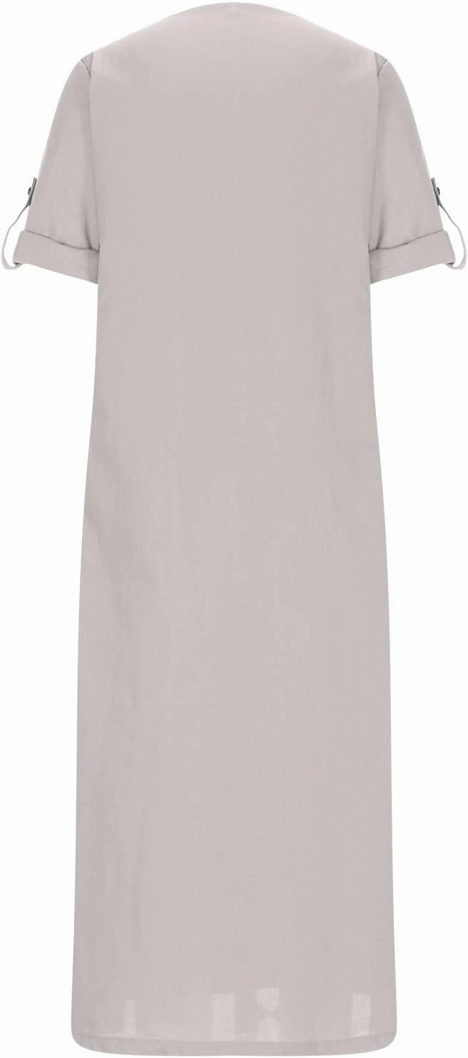 HGps8w Women's Loose Cotton Linen Dress Roll-Up 3/4 Sleeve Crewneck Casual Solid Vintage Maxi Long Tunic Dresses