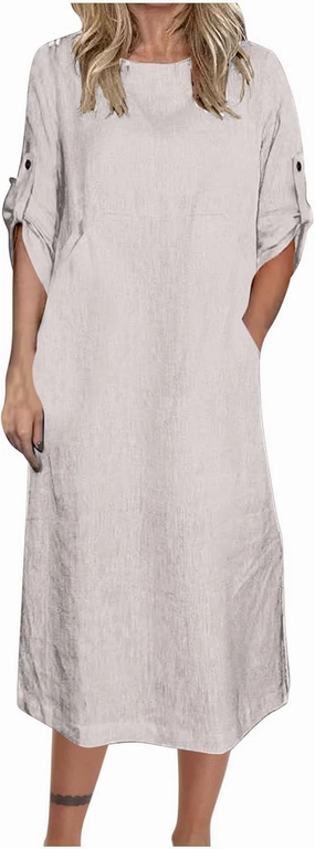 HGps8w Women's Loose Cotton Linen Dress Roll-Up 3/4 Sleeve Crewneck Casual Solid Vintage Maxi Long Tunic Dresses