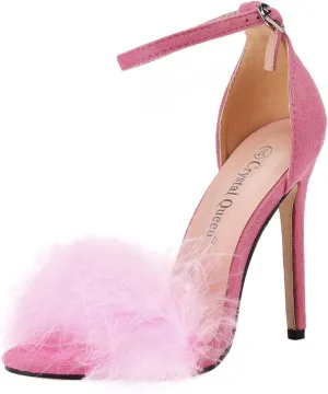High Heels for Women Open Toe Heels with Ankle Strap Feather Heels Fluffy High Heel Shoes Party Ankle Strap Stiletto