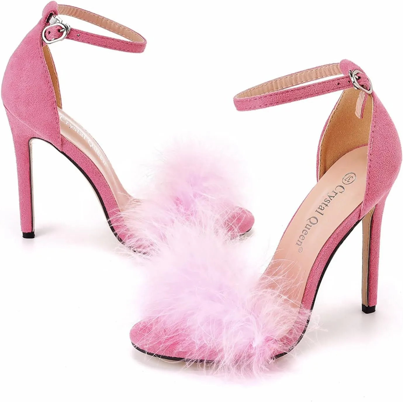 High Heels for Women Open Toe Heels with Ankle Strap Feather Heels Fluffy High Heel Shoes Party Ankle Strap Stiletto