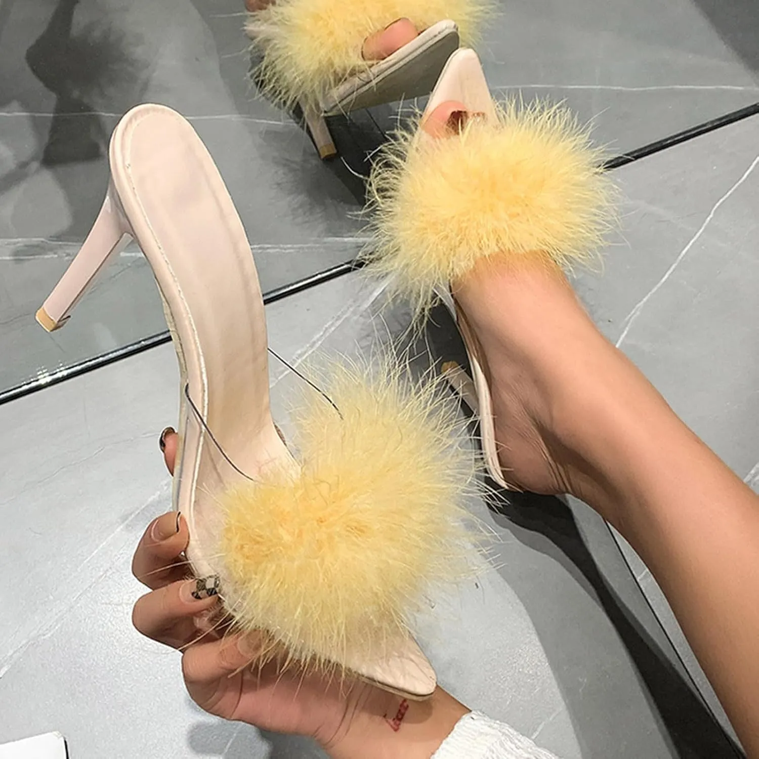 High Heels for Women Round Toe Heels Sandal Feather Slippers Heeled Slippers Stiletto Heels Bridal Shoes
