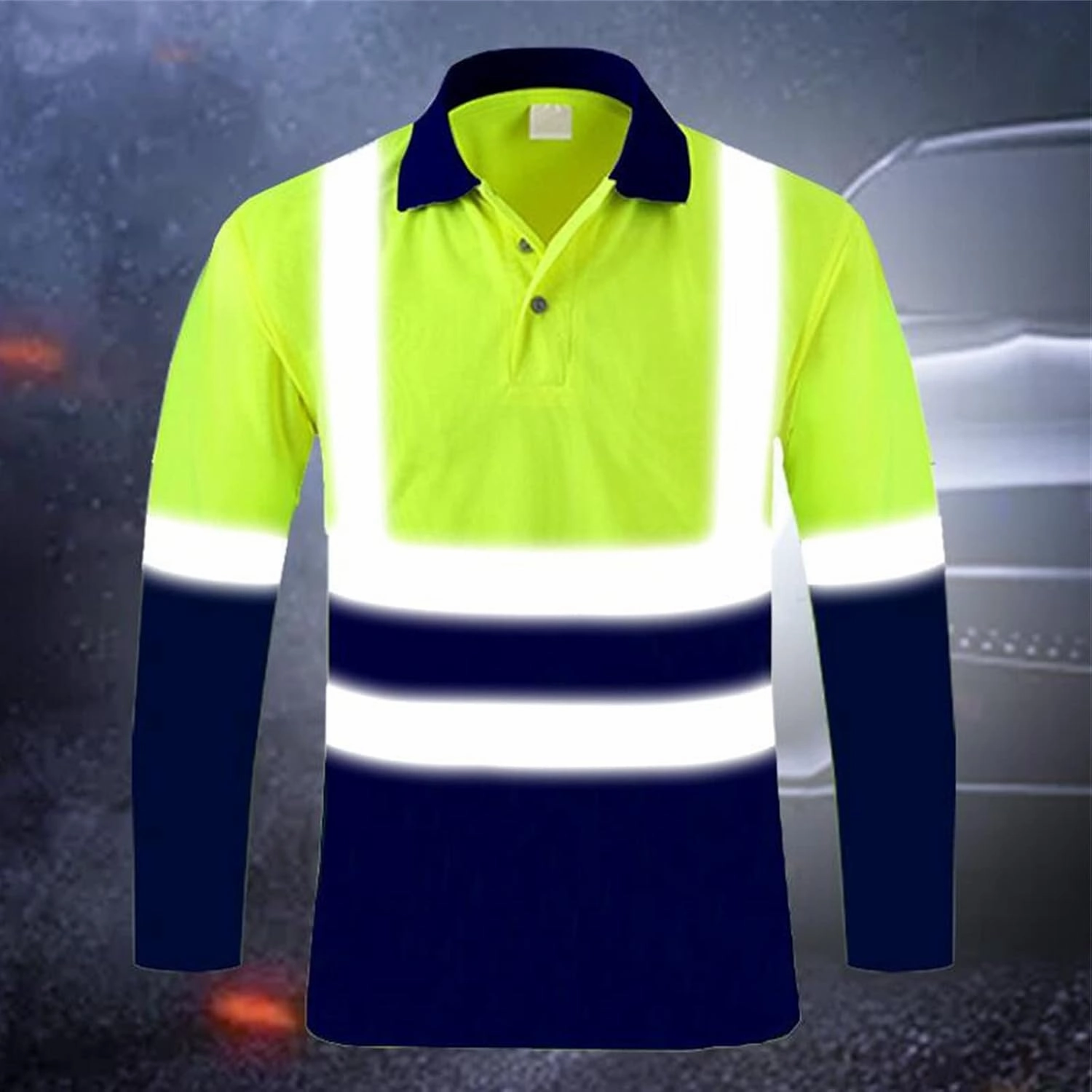 High Visibility Shirts for Men Long Sleeve Hi-Vis Reflective Stripes Shirts Collared Construction Work Polo Shirts