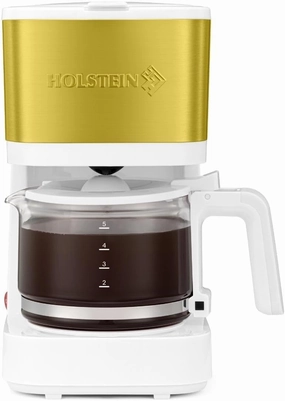Holstein Housewares 5-Cup Coffee Maker - Pause N Serve, One-Touch Operation, Non-Stick Warming Plate, Water Level Indicator - Reusable Filter - Compact Design - White and Gold Color