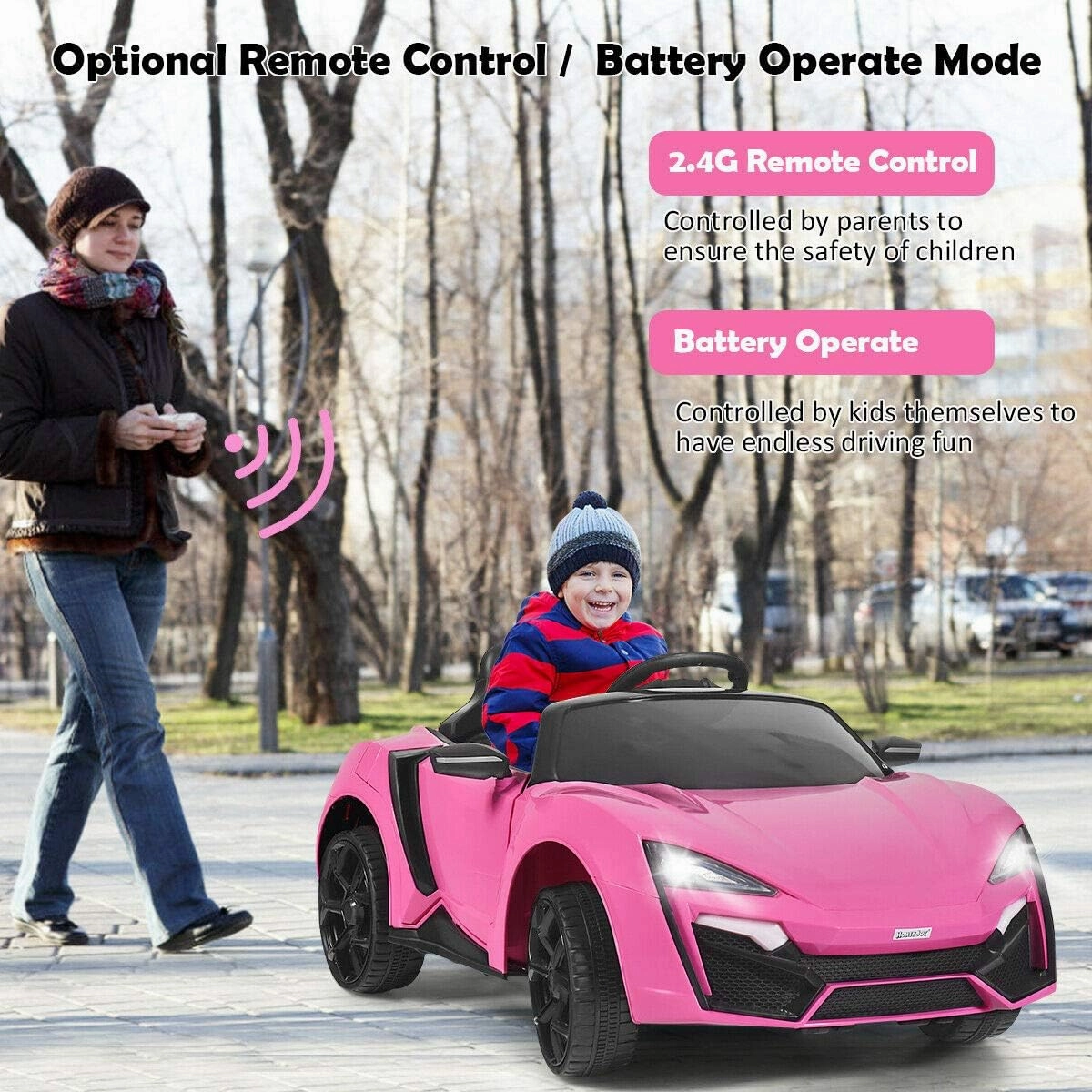 HONEY JOY Pink Ride On Car, 12V Battery Powered Electric Vehicle w/Remote Control,3 Speeds, LED Lights, Horn, Music, MP3, USB, Spring Suspension, 4 Wheeler for Boy Girl Gift, Electric Car for Kids