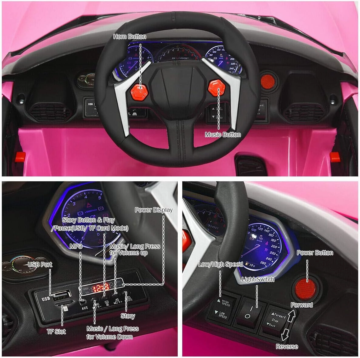 HONEY JOY Pink Ride On Car, 12V Battery Powered Electric Vehicle w/Remote Control,3 Speeds, LED Lights, Horn, Music, MP3, USB, Spring Suspension, 4 Wheeler for Boy Girl Gift, Electric Car for Kids