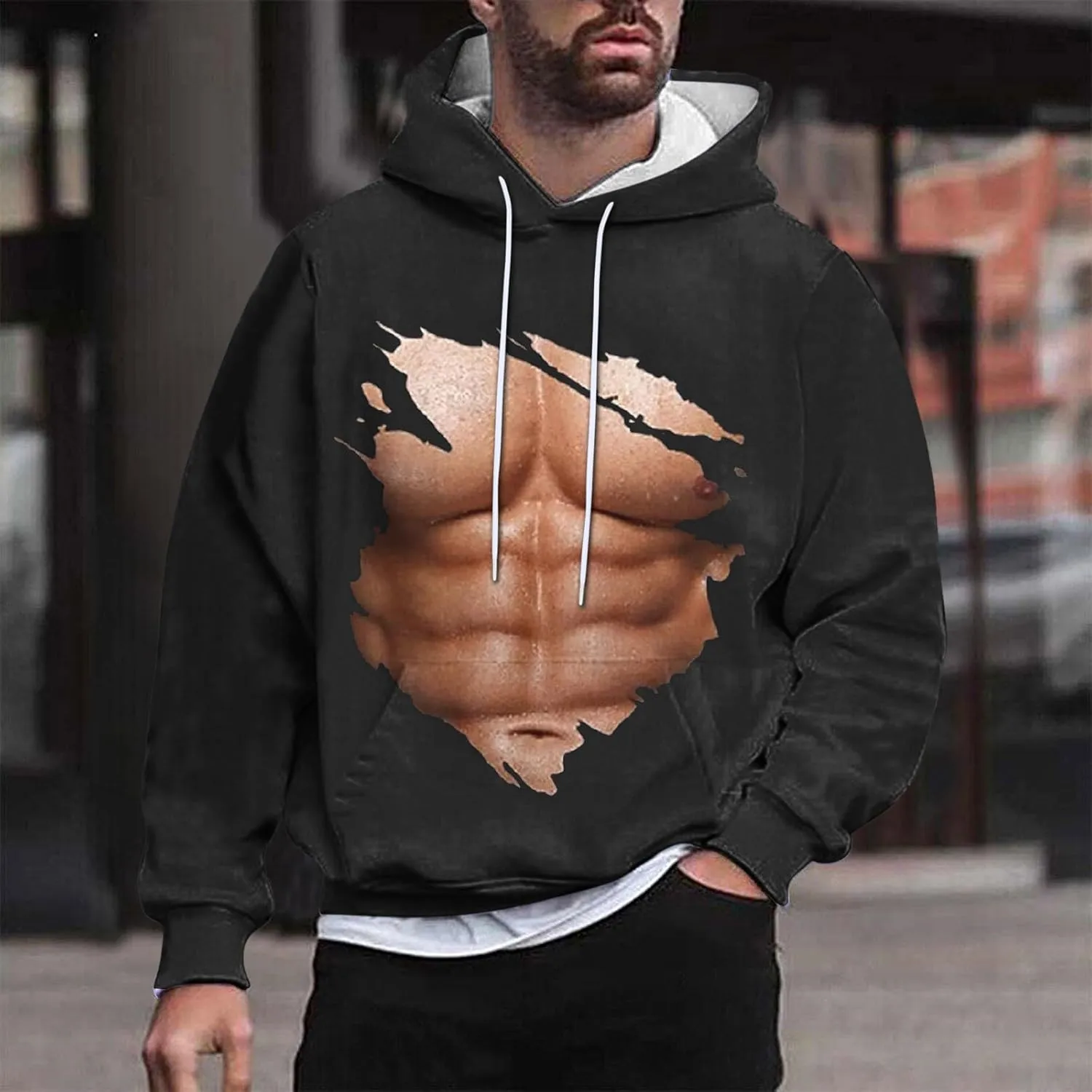Hoodies for Men Pullover Mens Workout Muscle Print Hooded Sweatshirts Causal Loose Drawstring Long Sleeve Shirts