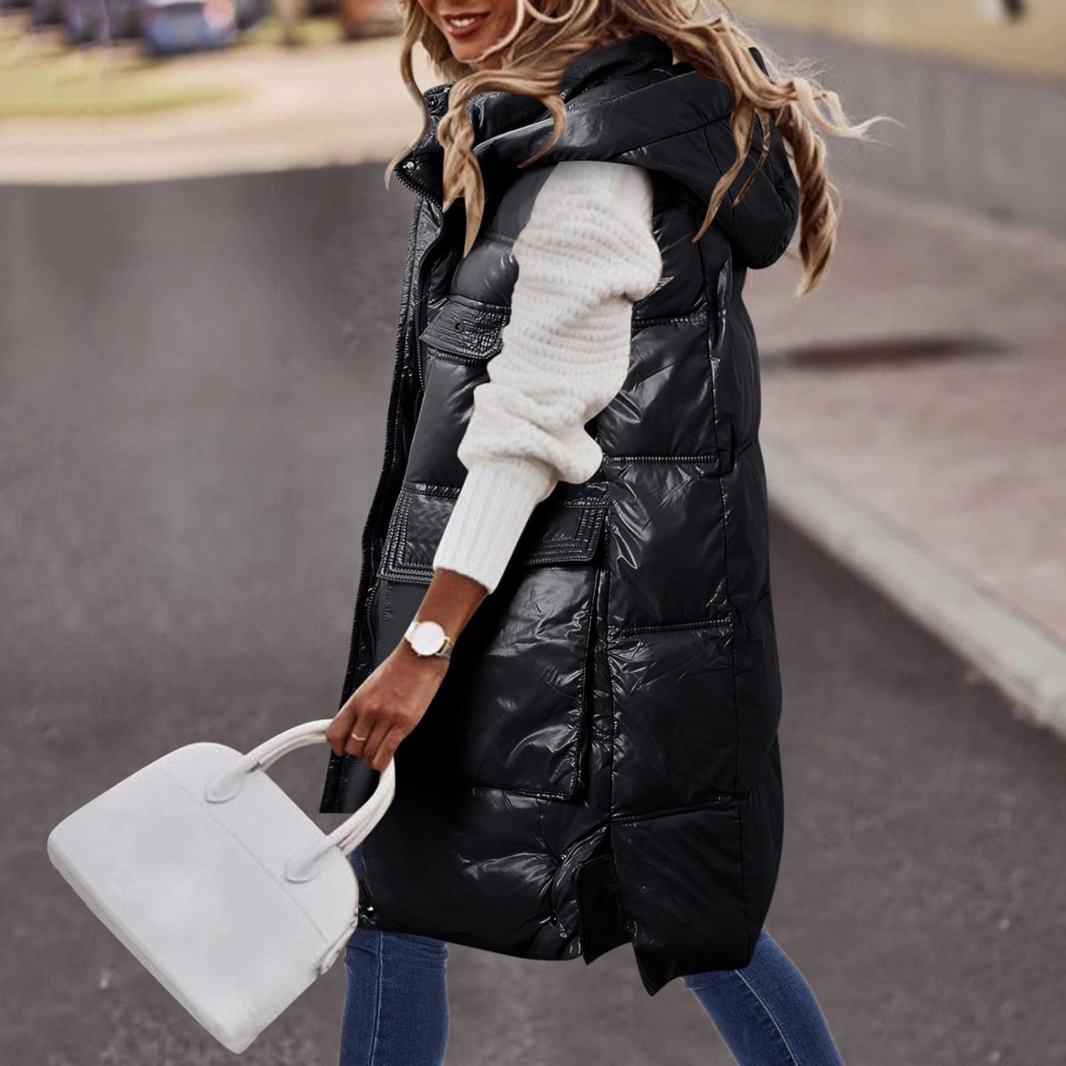 Hot Down Womens Vest Women Quilted Sleeveless Jacket Vest Hooded Thick Long Coat Winter Warm Womens Winter Jacket