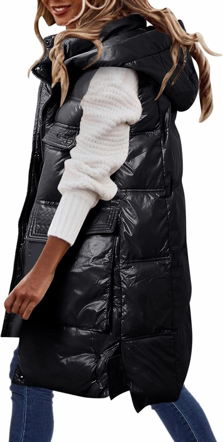 Hot Down Womens Vest Women Quilted Sleeveless Jacket Vest Hooded Thick Long Coat Winter Warm Womens Winter Jacket