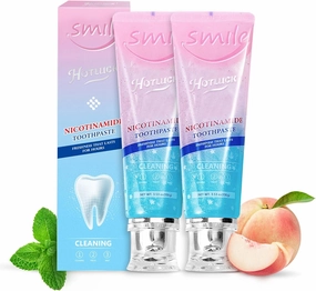 Hotluck Niacinamide Whitening Toothpaste - Brightening, Stain Removal, Freshening Breath - Deep Gentle Cleaning Tooth Paste, Boosting Gum Health, Mint & Peach 3.53oz (Pack of 2)