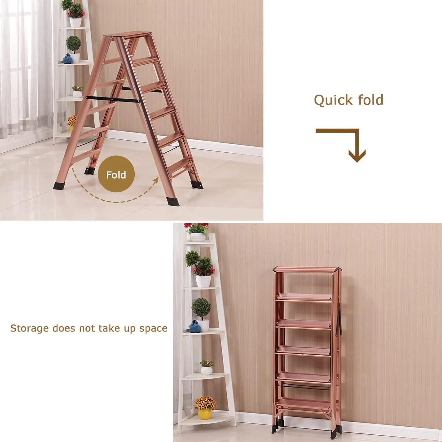 Household Drying Rack Multi-Function Stair Herringbone Ladder Thickened Aluminum Alloy Folding Ladder (Color : Champagne Gold Color, Size : 4 Steps)