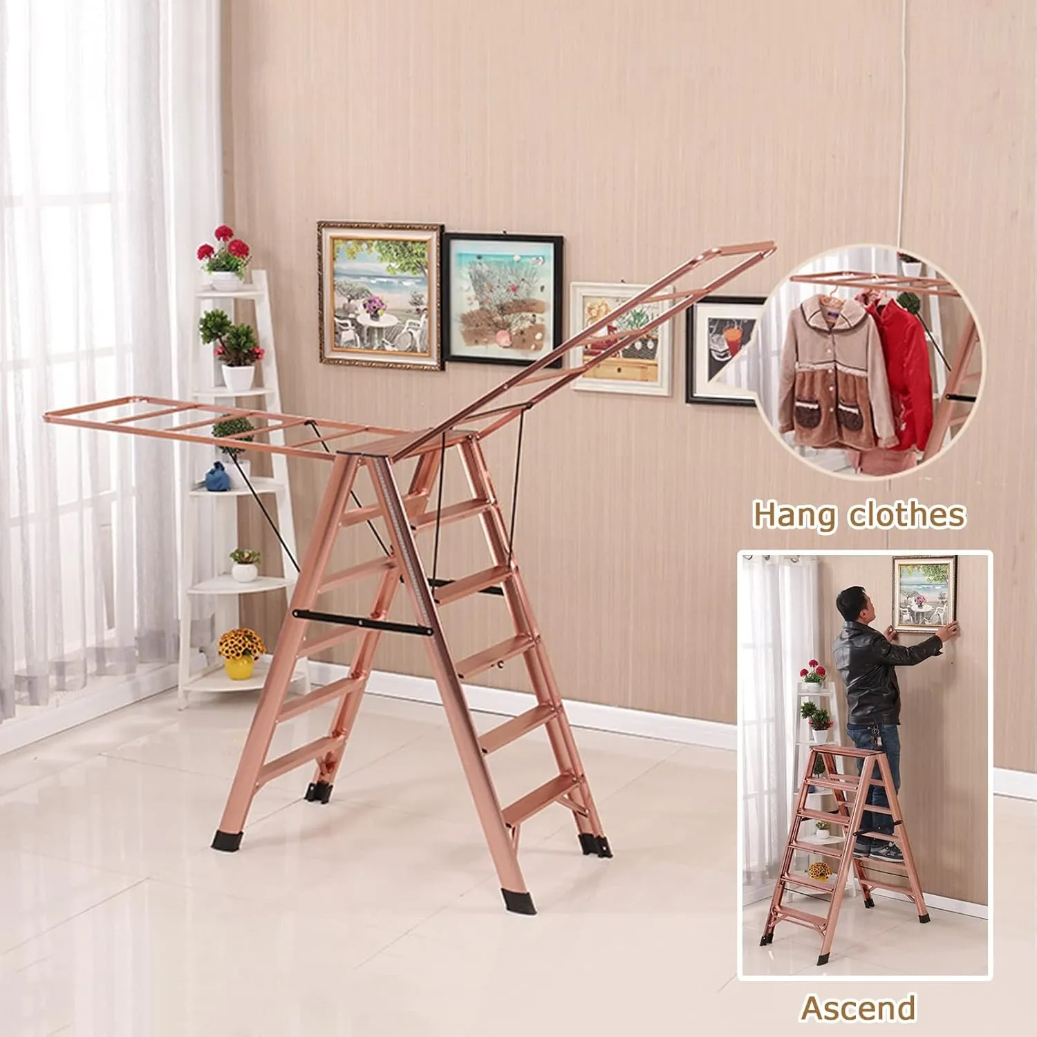 Household Drying Rack Multi-Function Stair Herringbone Ladder Thickened Aluminum Alloy Folding Ladder (Color : Champagne Gold Color, Size : 4 Steps)