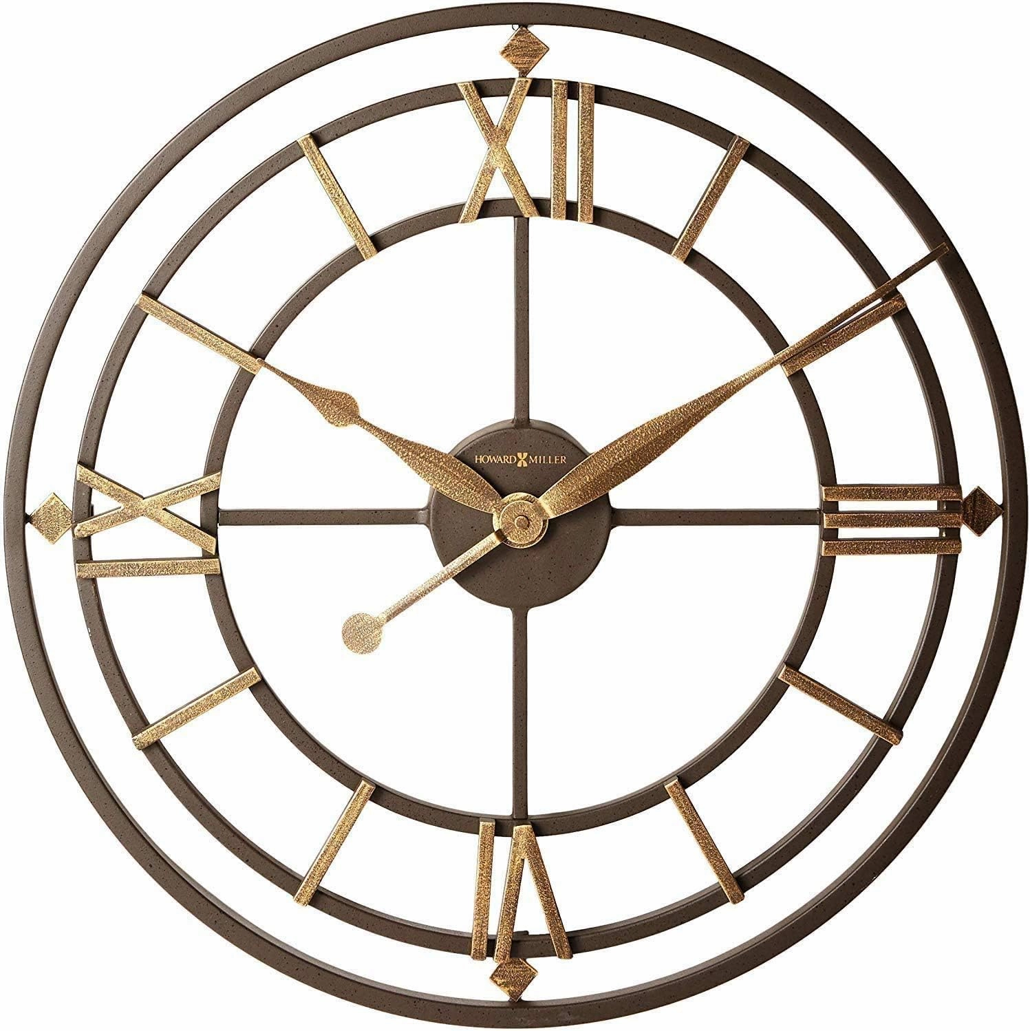 Howard Miller York Station Oversized Wall Clock – Aged Iron Finish, Skeleton Design, Antique Gold Accents, Battery-Operated Quartz Movement, Quiet Operation for Living Room, Kitchen, or Office
