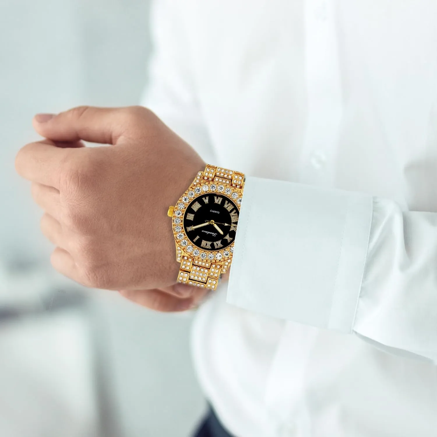 Iced Out 44MM Colorful Dial Gold Plated Big Diamond Roman Numeral Watch, Full Icy Cuban Link 18 Inch Necklace Chain, Bracelet Luxury Bling Gift Set