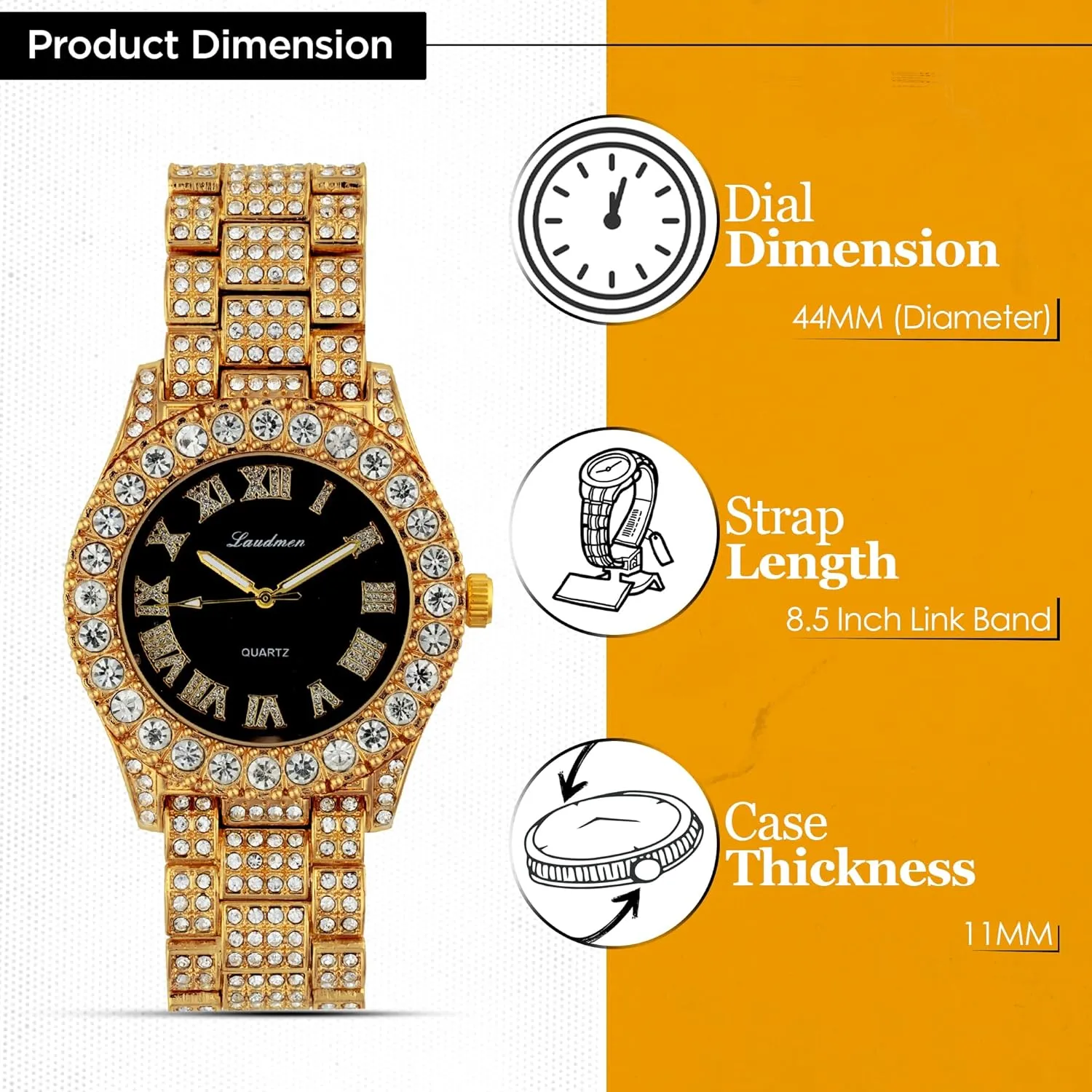 Iced Out 44MM Colorful Dial Gold Plated Big Diamond Roman Numeral Watch, Full Icy Cuban Link 18 Inch Necklace Chain, Bracelet Luxury Bling Gift Set
