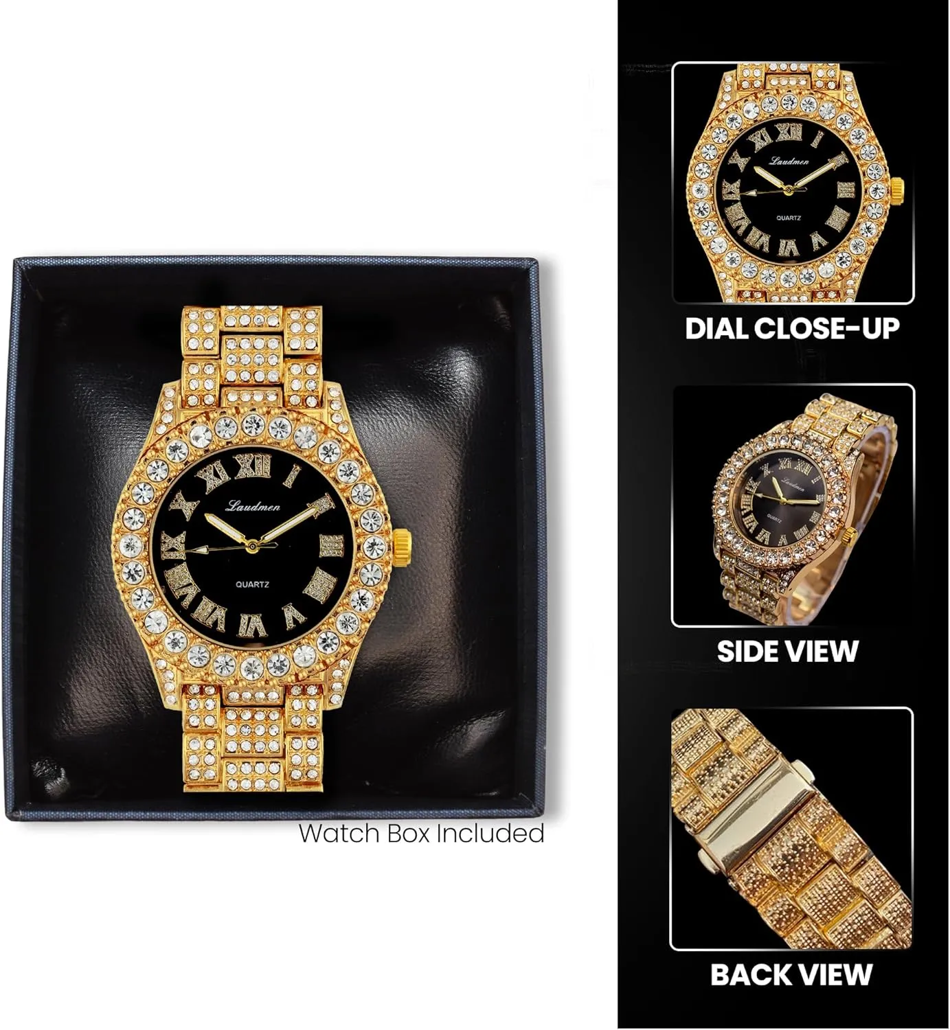 Iced Out 44MM Colorful Dial Gold Plated Big Diamond Roman Numeral Watch, Full Icy Cuban Link 18 Inch Necklace Chain, Bracelet Luxury Bling Gift Set