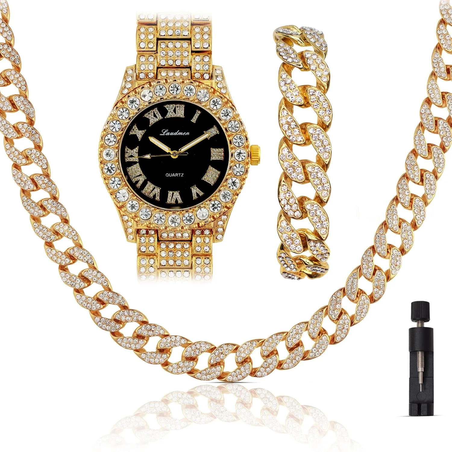 Iced Out 44MM Colorful Dial Gold Plated Big Diamond Roman Numeral Watch, Full Icy Cuban Link 18 Inch Necklace Chain, Bracelet Luxury Bling Gift Set