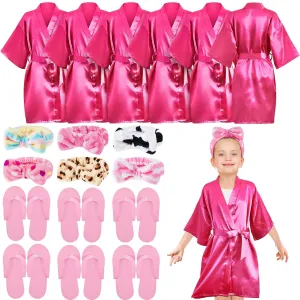 Jecery 18 Pcs Spa Party Supplies for Girls 6 Satin Kimono Robe 6 Spa Headband 6 Disposable Foam Pedicure Slippers (Rose,Size 12)