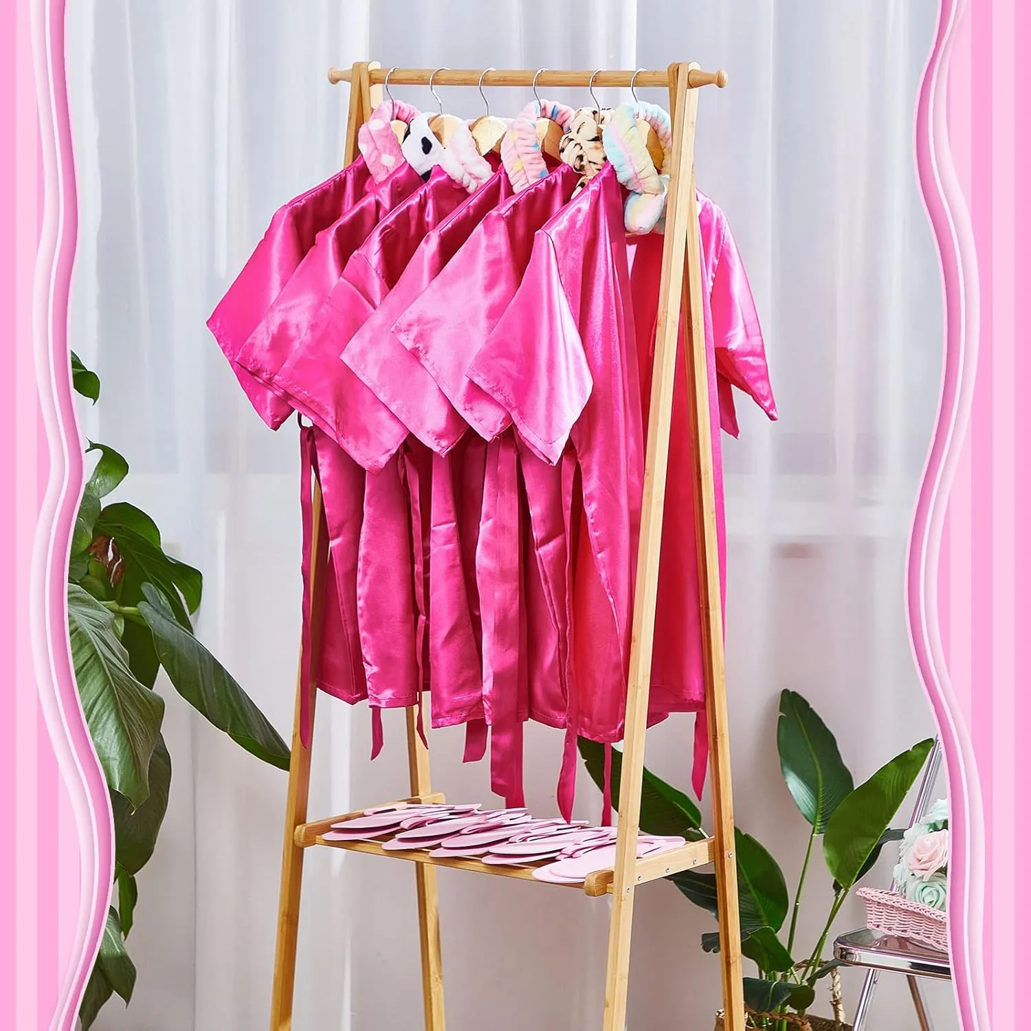 Jecery 18 Pcs Spa Party Supplies for Girls 6 Satin Kimono Robe 6 Spa Headband 6 Disposable Foam Pedicure Slippers (Rose,Size 12)