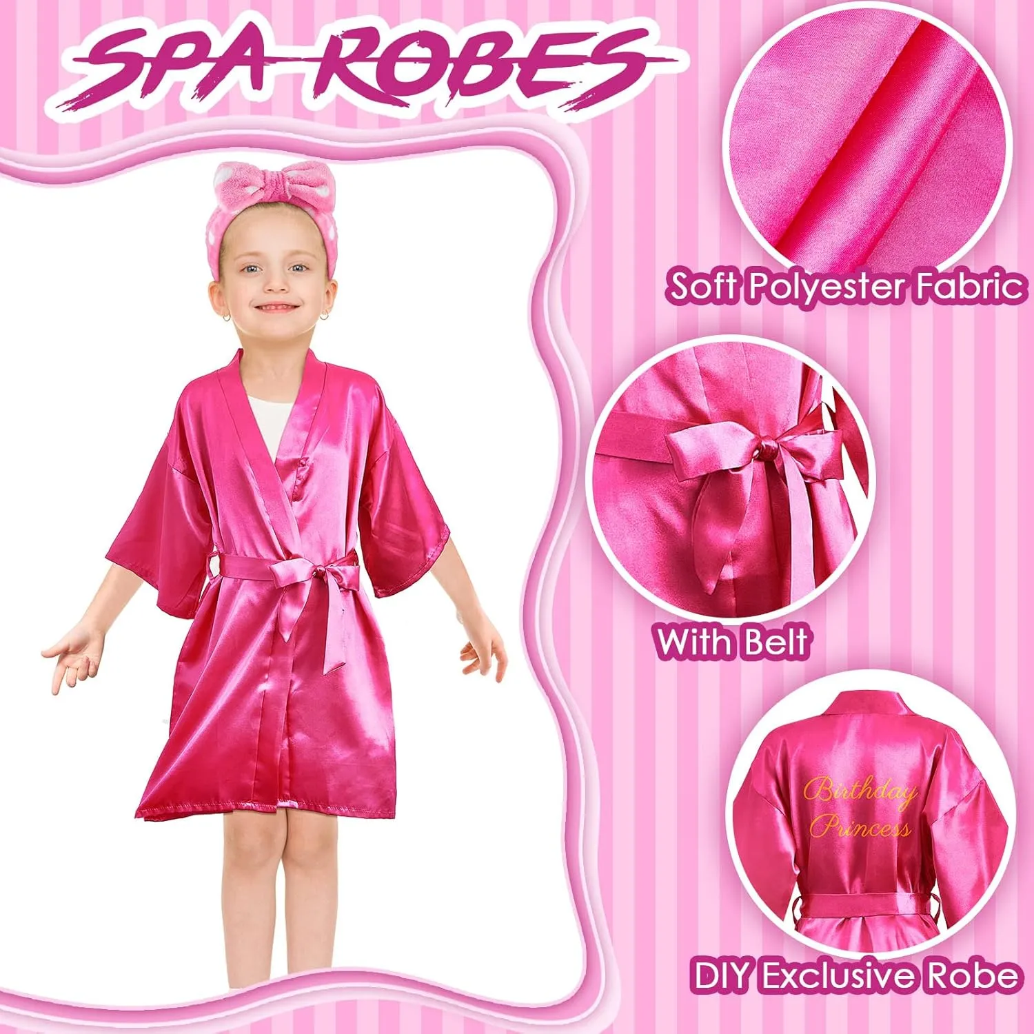 Jecery 18 Pcs Spa Party Supplies for Girls 6 Satin Kimono Robe 6 Spa Headband 6 Disposable Foam Pedicure Slippers (Rose,Size 12)