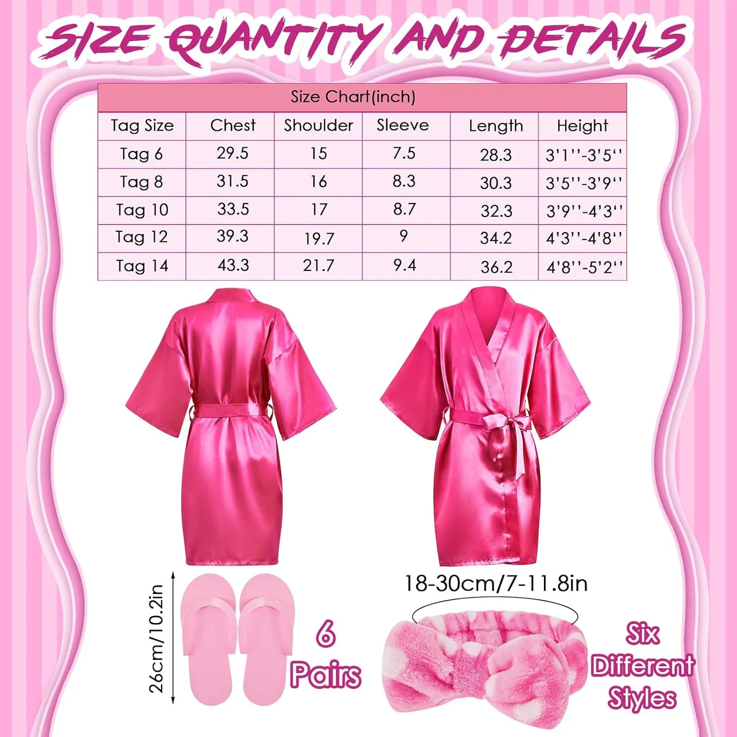 Jecery 18 Pcs Spa Party Supplies for Girls 6 Satin Kimono Robe 6 Spa Headband 6 Disposable Foam Pedicure Slippers (Rose,Size 12)